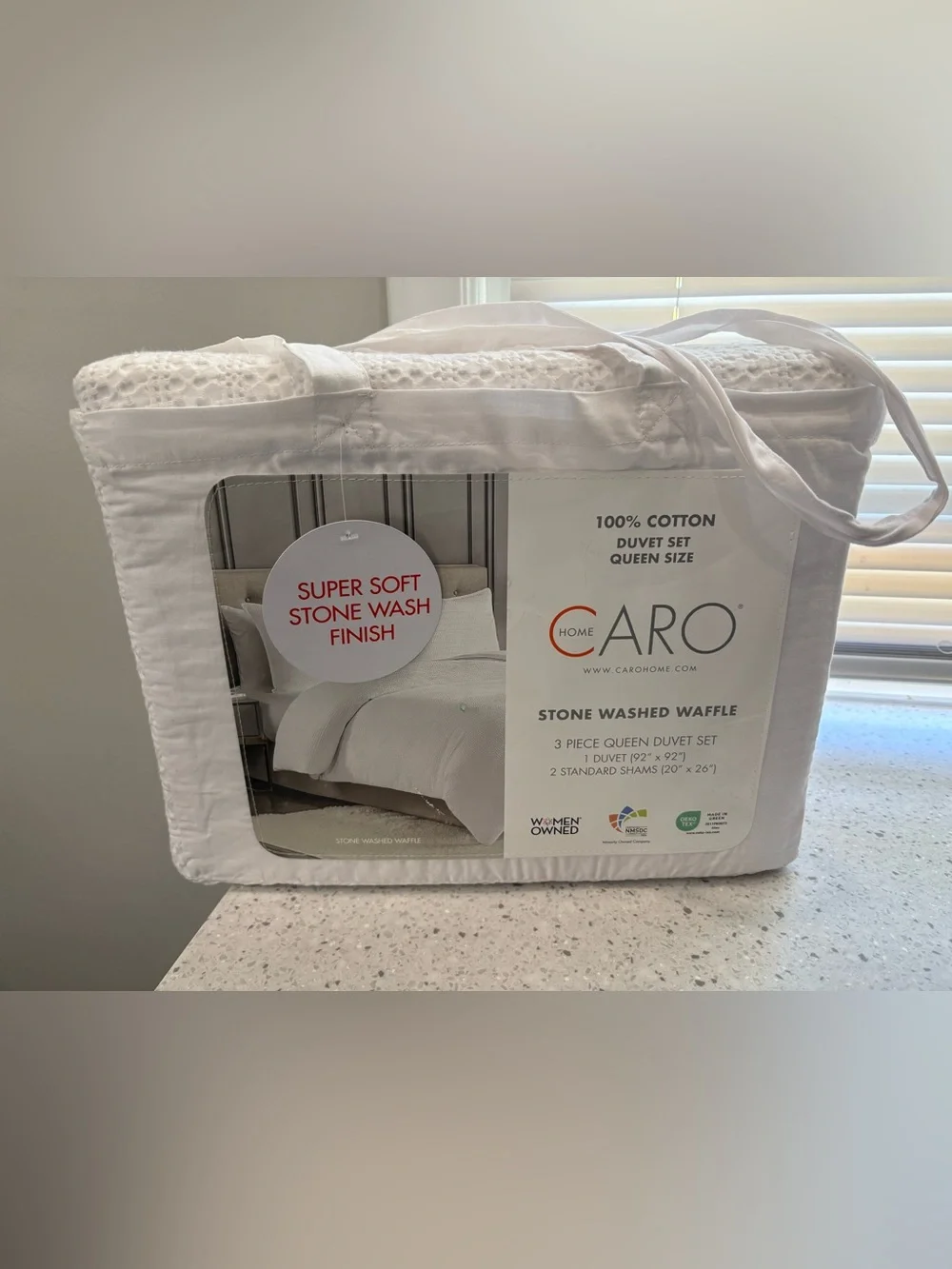 NEW Caro Stone Washed Waffle Queen Duvet Set - White